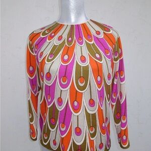 Vintage Multicolor Abstract Feather-Print Long Sleeve Top - Orange, Pink & Olive